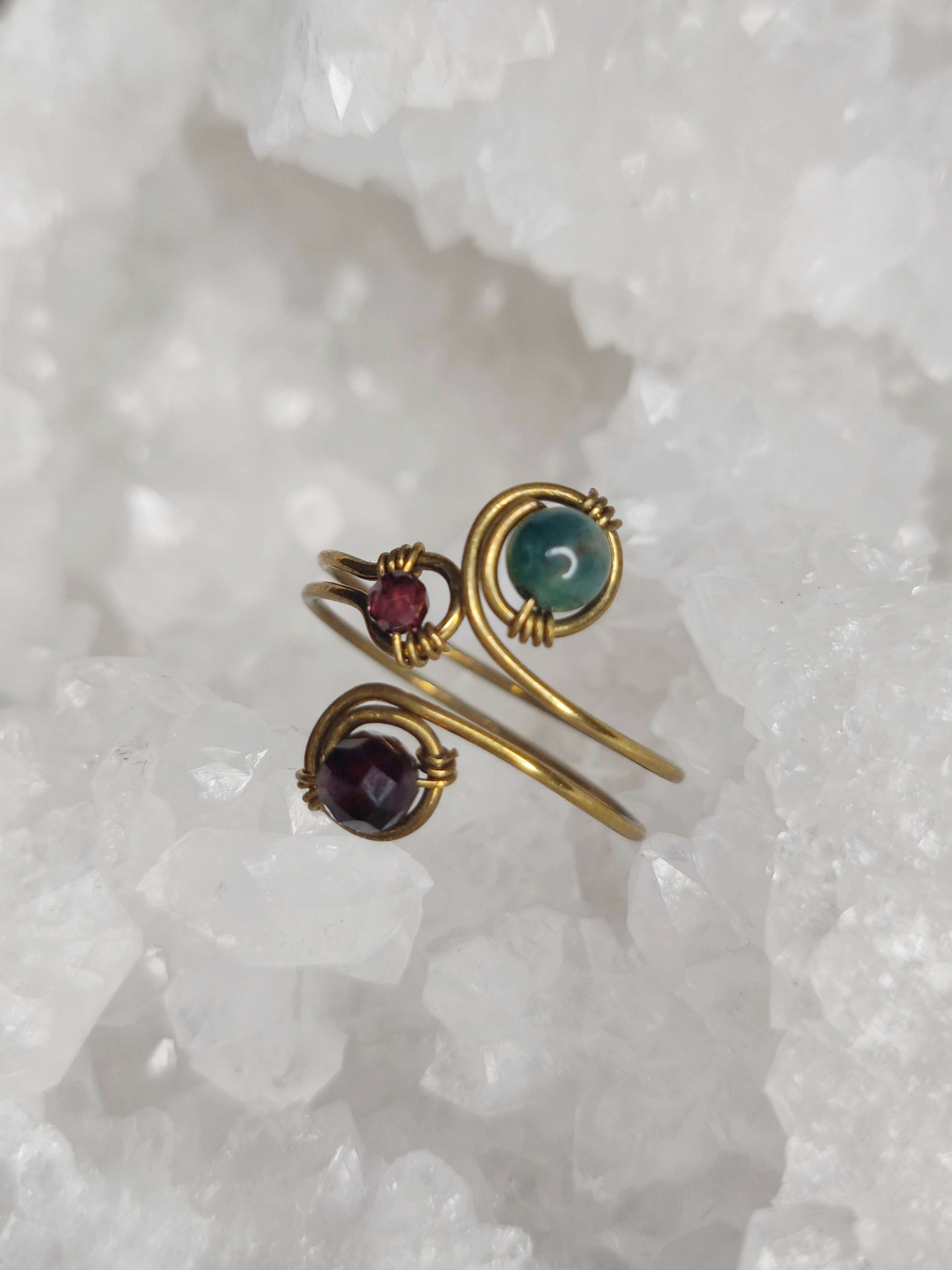 Offener Ring Messing/ Moosachat/ Granat/ Rubin