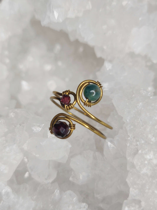 Offener Ring Messing/ Moosachat/ Granat/ Rubin