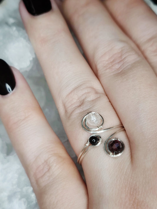 Offener Ring Silber/ Bergkristall/ Granat/ Turmalin