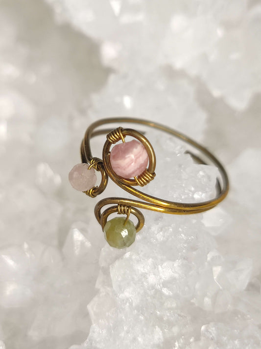 Offener Ring Messing/ Rhodochrosit/ Turmalin